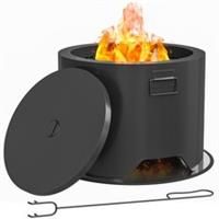 Outsunny Outdoor Round Fire Pit with Lid, Firepit with Fire Poker, Black