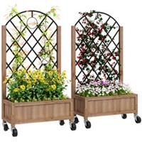 Outsunny Pack of 2 Wooden Raised Bed, Outdoor Planter Box w/ Metal Trellis