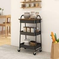 HOMCOM 3-Tier Storage Trolley with Covered Top Board, Rolling Utility Cart, Mobile Storage Cart on Wheels with Mesh Baskets for Kitchen, Living Room, Dining Room, Bedroom, Bathroom, Rustic Brown/Black
