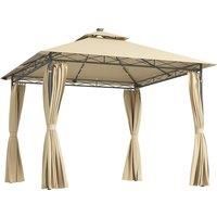 Outsunny 3 x 3m Garden Gazebo, Double Roof Metal Gazebo with Curtains and Solar-Powered LED Lights for Patio, Deck, Beige