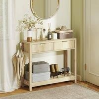 HOMCOM Modern Console Table with Fluted Panel Drawers, Narrow Hallway Table with Shelf for Entryway, Living Room, 90 x 30 x 76 cm, Natural Wood Finish