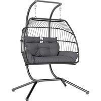 Outsunny Rattan Double Hanging Egg Chair with Stand, Foldable Wicker Swing Egg Chair with Cushion, Head Pillows, Steel Frame, Hammock Chair for Indoor Outdoor, Capacity 260 kg, Dark Grey