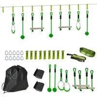 AIYAPLAY 3 Piece Kids Zip Line Kit for Garden, 10m Kids Slackline Kit with Wooden Monkey Bars, Metal Rings, Gripping Balls, Green