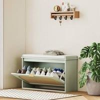 HOMCOM Narrow Shoe Bench with Padded Seat and Flip-Drawer, Boho Shoe Storage Bench with Rattan Door and Adjustable Shelf for Hallway, Entryway, Holds 8 Pairs, Light Green