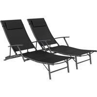 Outsunny Set of 2 Folding Sun Loungers for Garden, Adjustable Outdoor Chaise Lounge Chairs with Armrests, Pillows, Sunbed Recliners, Black
