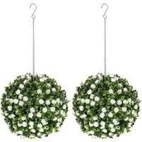 HOMCOM Set of 2 Decorative Artificial Plants, UV-protected Artificial Plant Topiary Rose Balls, Fake Plants for Home Indoor outdoor Decor, 28cm, White