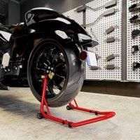 HOMCOM Motorcycle Rear Wheel Stand, 544 kg Capacity Heavy Duty Steel Motorbike Motorcycle Paddock Stand Lift with Adjustable U + L Forks, Wheels, Non-Slip Pads for Workshop Garage Repair, Red