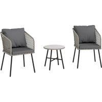 Outsunny 3 Piece Rattan Bistro Set with 2 Chairs, Tempered Glass Table, Cushions, Adjustable Foot Pads for Garden, Balcony, Grey