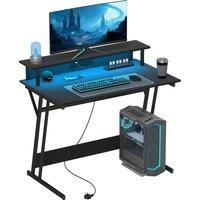 HOMCOM Gaming Desk with LED Lights and Power Outlets, 100 x 60cm Z Shaped Computer Desk with Monitor Stand and Steel Frame, PC Gaming Table for Home Office, Black