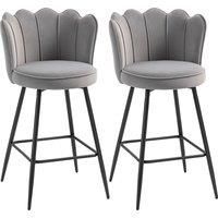 HOMCOM Set of Two Velvet-Feel Lotus Bar Stools - Grey