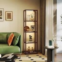 HOMCOM LED Floor Lamp with Glass Shelves, 4 Layers Dimmable Tall Standing Lamp, Modern Column Shelf Floor Light for Living Room, Bedroom, Office, Dark Brown