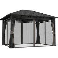 Outsunny 3 x 4m Hardtop Gazebo with Galvanised Steel Roof and Water Gutter, Waterproof Permanent Pavilion Garden Gazebo with Netting and Curtains for Patio, Deck
