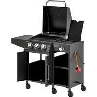 Outsunny 3+1 Burner Gas BBQ Grill with Storage Cabinet and Shelves, 11.6 kW Gas Barbecue Trolley with 6 Castor Wheels, Warming Rack, Thermometer for Outdoor Cooking Garden Party, Black