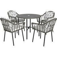Outsunny 5 Piece Patio Rattan Dining Set, Wicker Garden Table and Chairs w/ Removable Seat & Back Cushions, Round Tempered Glass Tabletop, Parasol Hole, Outdoor Furniture Conservatory Set, Grey