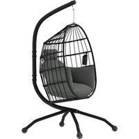 Outsunny Hanging Egg Chair Outdoor Indoor Garden Swing Chair with Folding Basket and Thickened Cushion, Garden Hanging Chair with Stand, Headrest, Cup Holder for Patio, Balcony, Dark Grey