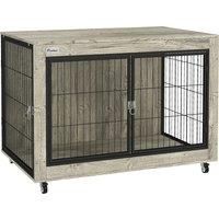 PawHut Dog Crate Furniture with Wheels, Double Doors, for Large Dogs, 100 x 60 x 73.5cm, Grey
