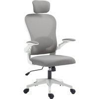 HOMCOM Executive Office Chair, Ergonomic Mesh High Back Desk Chair with Flip-up Armrest, Rotatable Headrest, Adjustable Lumbar Support, Swivel Computer Chair for Home Study, Grey
