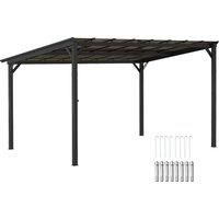 Outsunny 3 x 4.3m Metal Pergola with UPF 50+ and Waterproof Polycarbonate Roof, Wall-Mounted or Free Standing Garden Gazebo, Wind-resistant Outdoor Sun Shade, Dark Grey