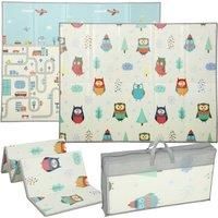 AIYAPLAY Foldable Baby Plat Mat Double Sided, Kids Floor Mat for Crawling, 195.5L x 147.5W cm, Car track and Owl Theme