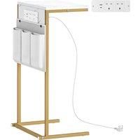 HOMCOM C-Shaped Bedside Table with Charging Station, Marble Grain Side Table with Power Outlets & USB Ports, Storage Bags, for Bedroom, Living Room, White