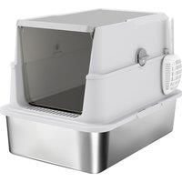 PawHut Extra Large Stainless Steel, Cat Litter Tray with Scoop, Flip Top