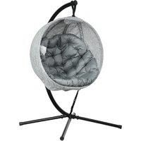 Outsunny Hanging Egg Chair Outdoor Indoor Garden Swing Chair with Folding Basket, Stand, Thickened Cushion, Cup Holder for Patio, Balcony, Grey