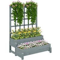 Outsunny 2-Tier Wooden Raised Bed with Trellis and Drainage Holes, Grey