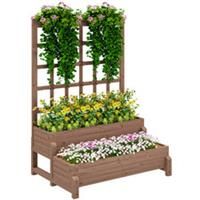 Outsunny 2-Tier Wooden Raised Bed with Trellis and Drainage Holes, Brown