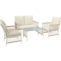 Outsunny 4 Piece Rattan Garden Furniture Set, 4 Seater Wicker Patio Conversation Set with 2 Armchairs, Loveseat, Glass Top Coffee Table and Cushions for Outdoor, Balcony, Khaki