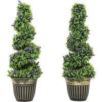 HOMCOM Set of 2 Decorative Artificial Plants, Boxwood Spiral Topiary Tree with Lavender and Pot, Fake Plants for Home Indoor Outdoor Decor, 90cm