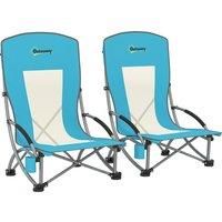 Outsunny Set of 2 Folding Beach Chair, Low Camping Chair with Mesh Back, Carry Bag and Cup Holder for Garden Outdoor Picnic Festival Travel, Blue
