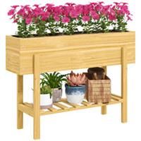 Outsunny Wooden Raised Bed w/ Bed Liner, Storage Shelf, Natural Wood Finish