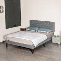 HOMCOM Double Bed Frame with 5-Level Adjustable Linen Upholstered Headboard, Wooden Slats Mattress Foundation, No Box Spring Needed, Grey