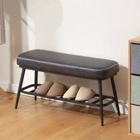 HOMCOM Shoe Bench, PU Leather Shoe Storage Bench with Padded Seat Cushion, Storage Shelf and Metal Frame for Hallway Entryway, Charcoal Grey