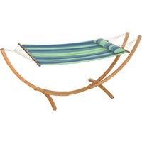 Outsunny Outdoor Hammock with Stand, Garden Hammock with Triple-Head Eucalyptus Wood Arc Frame, 1 Person Cotton Bed and Head Pillow, Freestanding Garden Swing Bed for Patio, Blue Stripe