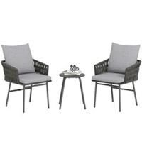 Outsunny Rattan Bistro Set, Balcony Table and Chairs with 4 Cushions, Grey