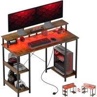 HOMCOM Computer Desk with Power Outlets and LED Lights, 120 x 50cm Reversible Home Office Desk with Monitor Stand and 2-Tier Storage Shelves, Gaming Desk with Cable Management, Rustic Brown