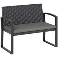 Outsunny 2 Seater Rattan Garden Bench with Cushion, Steel Frame, Dark Grey