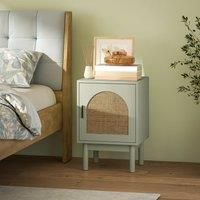 HOMCOM Rattan Bedside Table, Boho Bedside Cabinet with Adjustable Shelf and Solid Wood Legs, Side Table for Living Room, Bedroom, Light Green