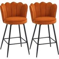 HOMCOM Set of Two Velvet-Feel Lotus Bar Stools - Orange