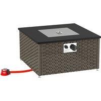 Outsunny Rattan Gas Fire Pit Table for Garden, 13 KW Smokeless Propane Fire Pit with Lid, Square Garden Coffee Table with Patio Heater for Outdoor, Patio, 58 x 58 x 33 cm, Grey