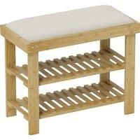 Bamboo Shoe Storage Bench, 3-Tier Shoe Bench with Seat Cushion, Cream White
