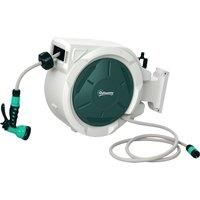 Outsunny Retractable Hose Reel Wall Mounted, 30+2m Garden Hose Pipe Reel with Lock, Auto Rewind, 7 in 1 Spray Nozzle, Includes Wall Fixings, 180 Swivel, Outdoor Watering, Grey