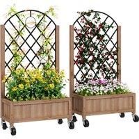 Outsunny Raised Garden Bed with Metal Trellis, Pack of 2 Wooden Elevated Planter Box with Wheels and Drainage Holes, Outdoor Raised Planter for Climbing Plants, Fruits, Vegetables, Flowers, Brown