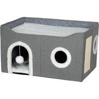 Large Cat House for Indoor Pets with Fluffy Ball and Scratch Pad, Grey