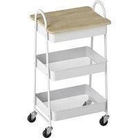 HOMCOM 3-Tier Kitchen Storage Trolley with on Wheels Cover Top Board - White and Oak