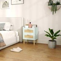 HOMCOM Bedroom Chest of Drawers, Boho Rattan Dresser with 2 Drawers, Storage Cabinet for Living Room, Hallway, Entryway, Light Blue