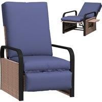 Outsunny Rattan Garden Recliner Chair, Reclining Rattan Chair with Adjustable Backrest and Footrest, Outdoor Lounge Sun Lounger with Cushion, Side Tray and Aluminium Armrests, Brown/Blue