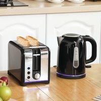 HOMCOM Kettle and Toaster Set, 1.7L 3000W Rapid Boil Jug Kettle with Otter Thermostat, Limescale Filter, 2 Slice Toaster with 7 Browning Controls, Crumb Tray, Black