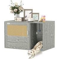Boho Style Cat Litter Box Enclosure with Rattan Door, Scratching Mat, Toy Ball